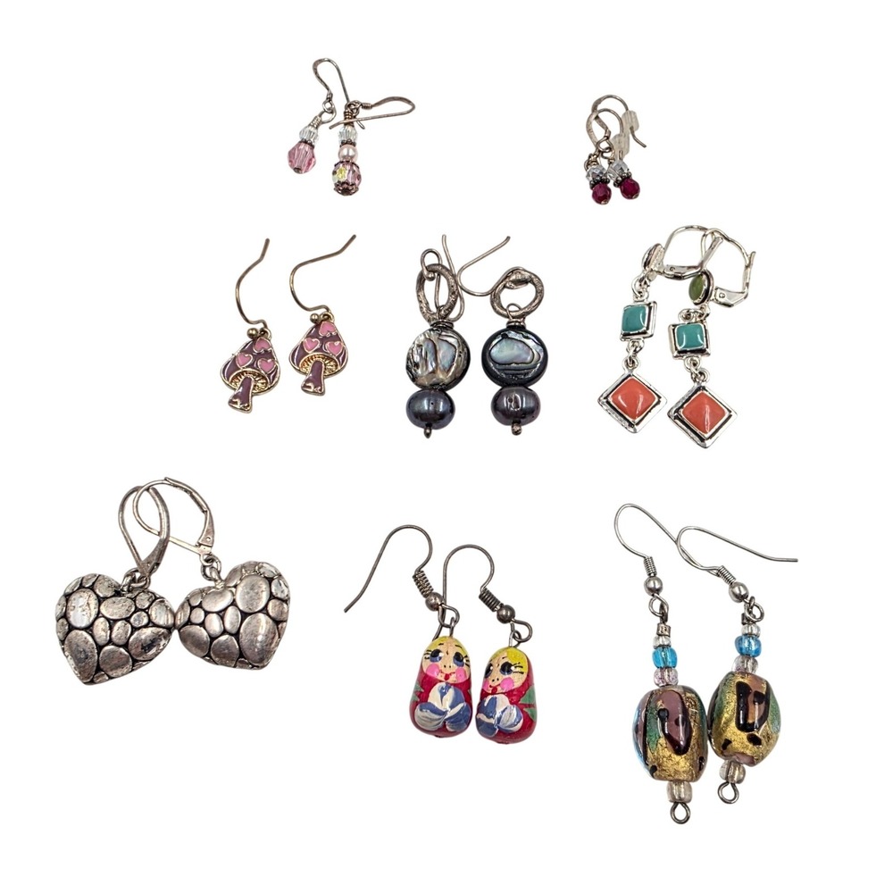 Mixed Lot 8 Pairs Earrings Nesting Doll Heart Abalone Crystal Enamel Boho Dangle